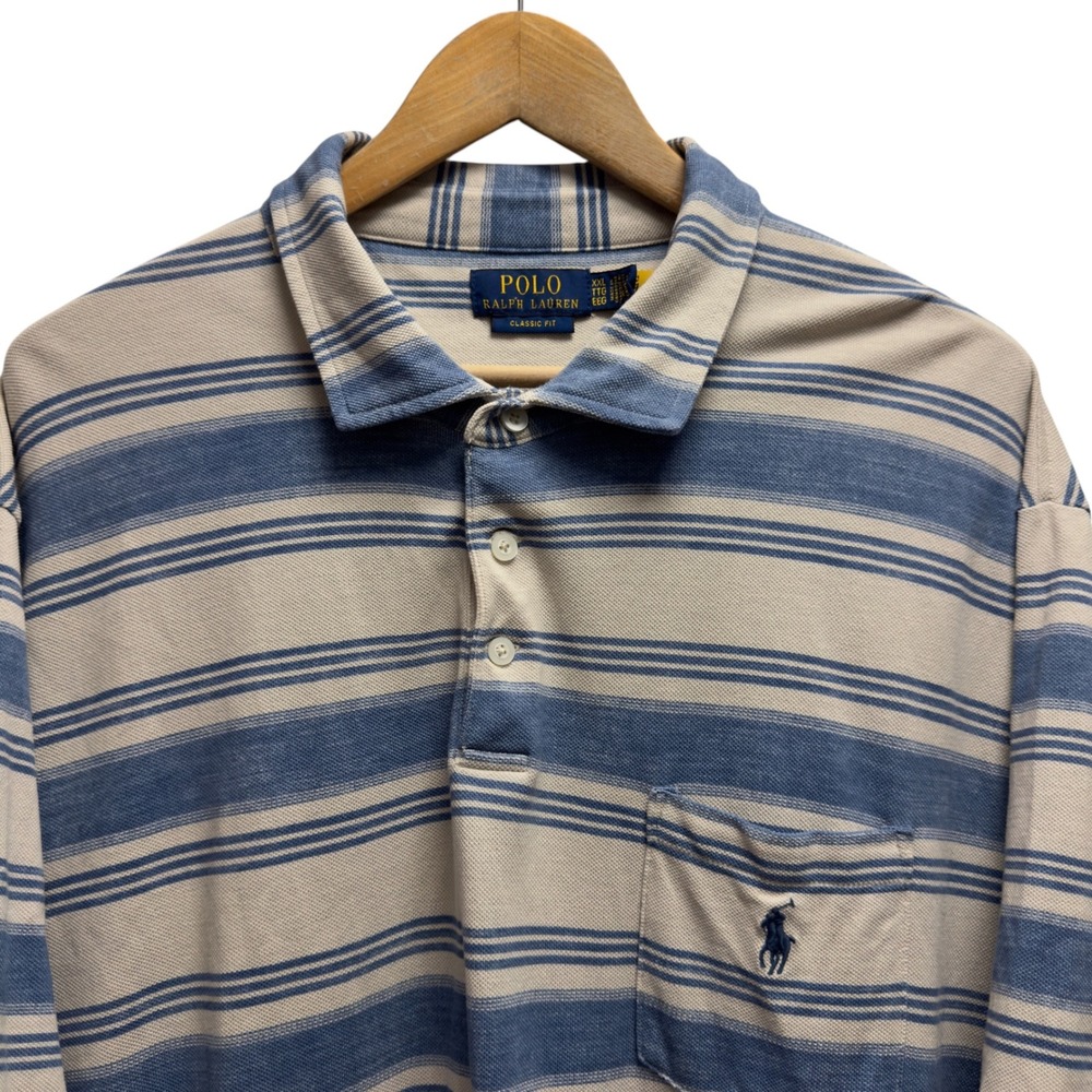 Polo Ralph Lauren Men's XXL Classic FIt Blue/Cream Striped Pocket Polo Shirt euc